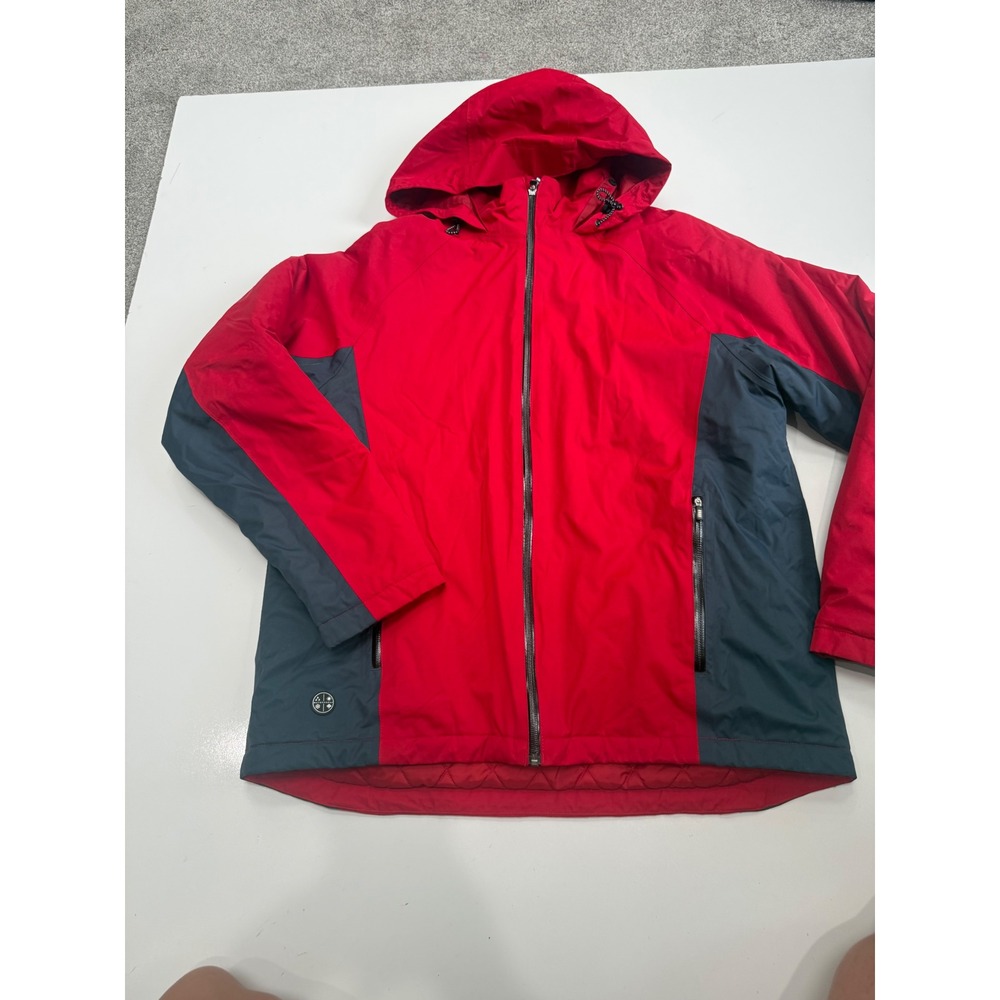 Lands End Mens Large Red Gray Colorblock Hooded Quilted Zip Up Jacket 42-44
